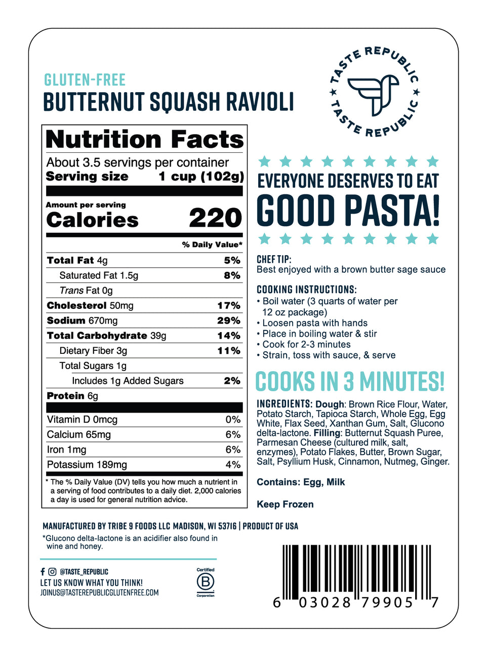 Gluten-Free Butternut Squash Ravioli (6-Pack)